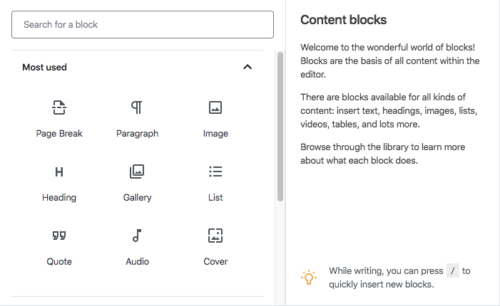 Gutenberg Add Block Panel