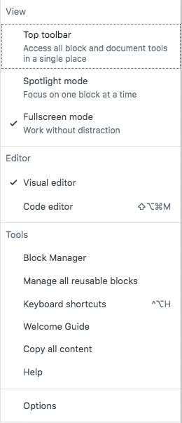 Gutenberg More Tools and Options Button